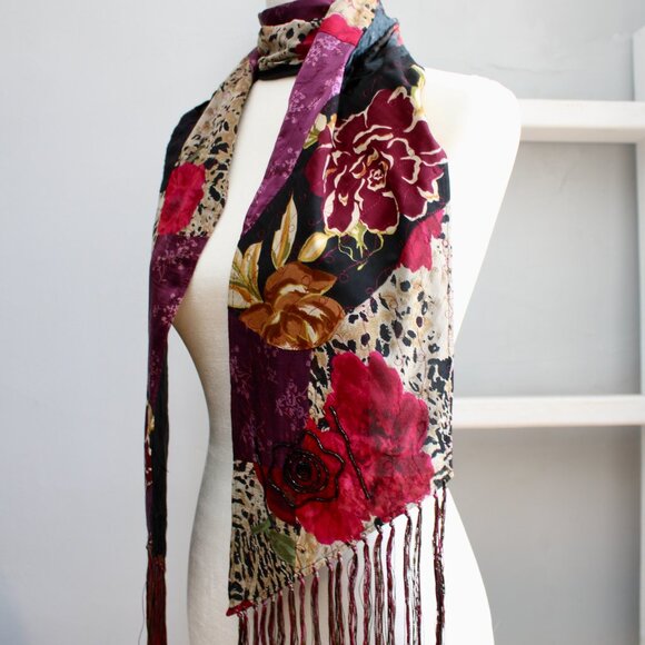 Chico's Vintage Y2K Black Multicolor Patchwork Floral Beaded Silk Fringe Scarf - Picture 2 of 5